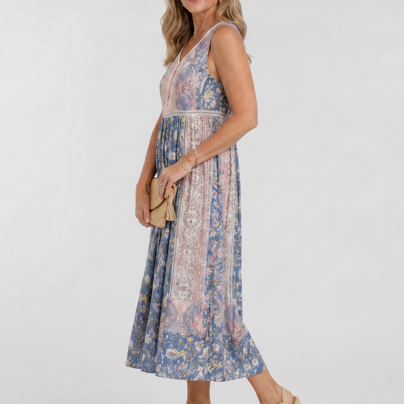 Penwyn | Mixed Floral Sleeveless Button Detail Midi Dress