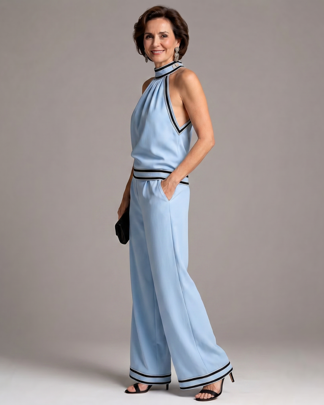 Elira | Contrast Trim Halter Neck Wide Leg Jumpsuit