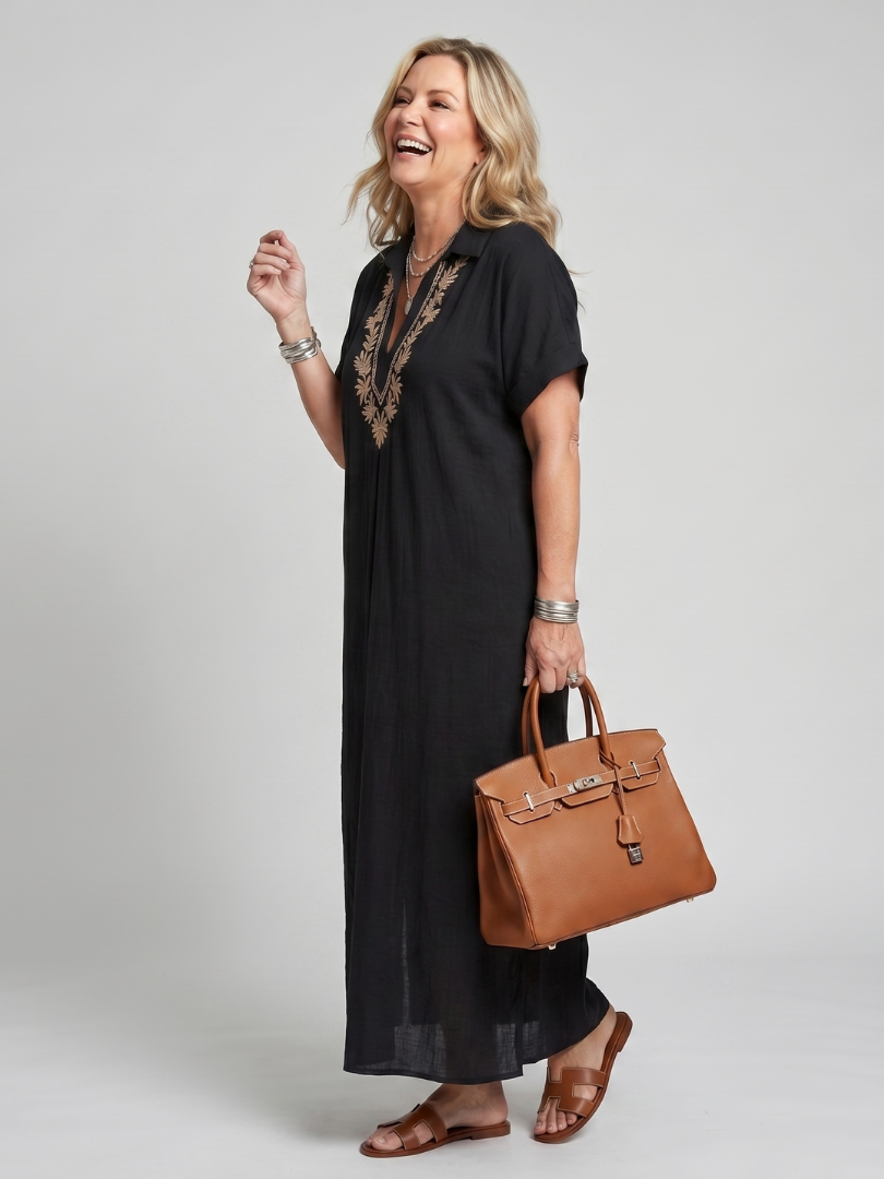 Kalthea | Short Sleeve V Neck  Embroidered Detail Midi Dress