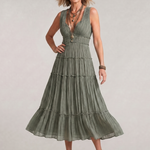 Romywynne | Pleated Sleeveless Tiered V Neck Midi Dress
