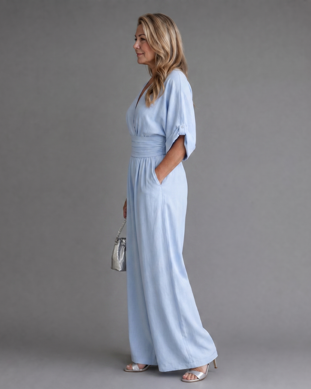 Persia | Draped V Neck Wide Leg Relaxed Jumpsuit