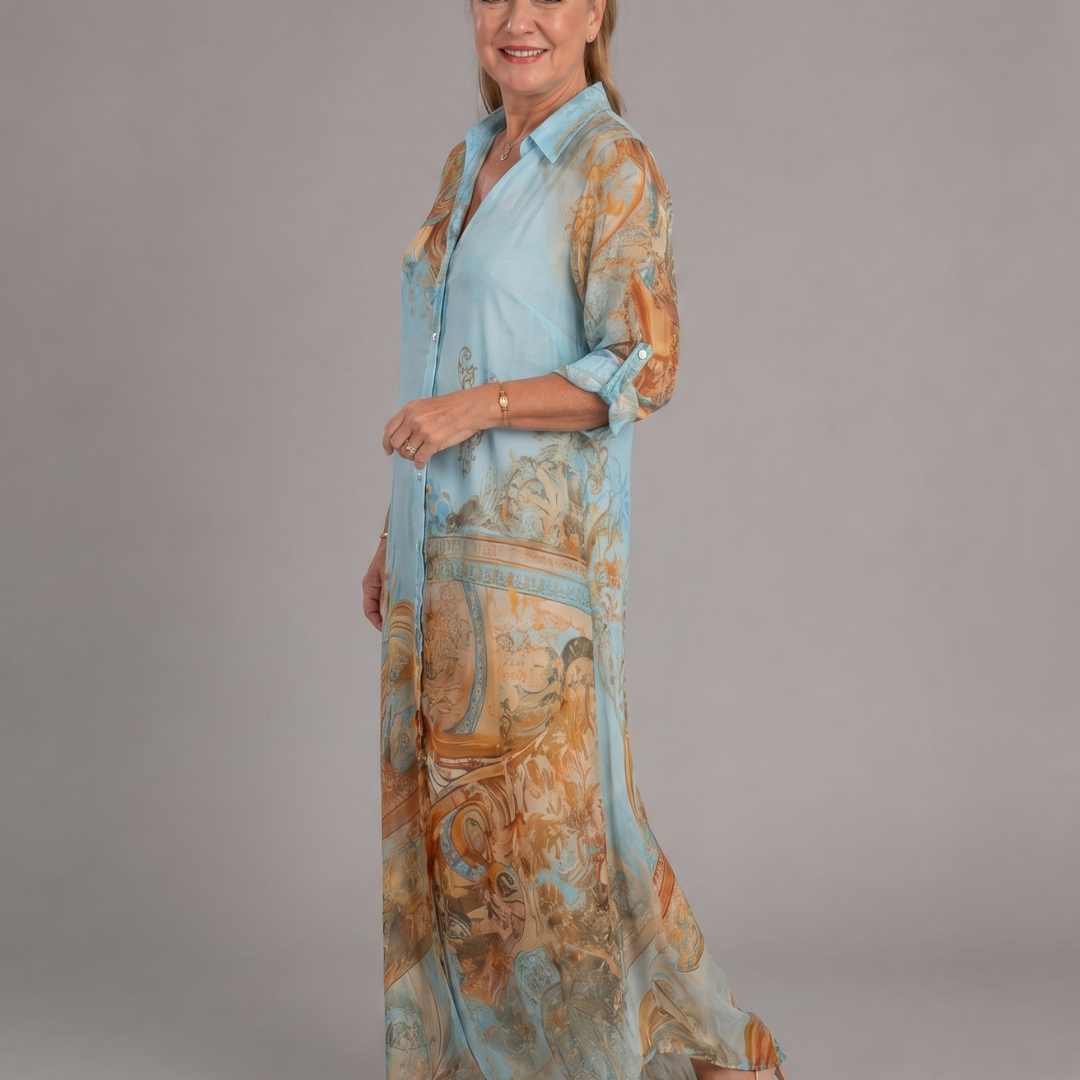Caswyn | Baroque Print Button Front Flowing Maxi Dress