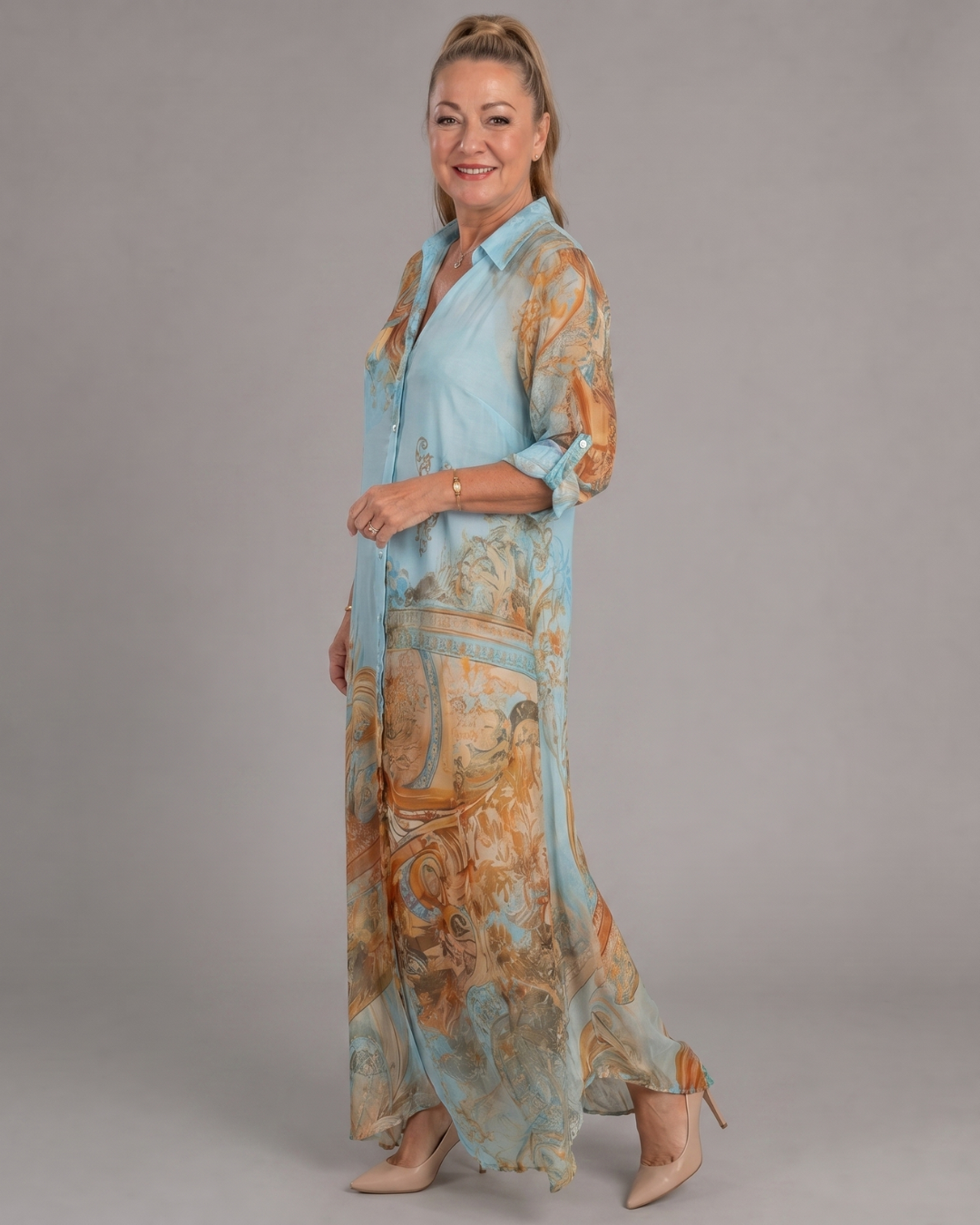 Caswyn | Baroque Print Button Front Flowing Maxi Dress