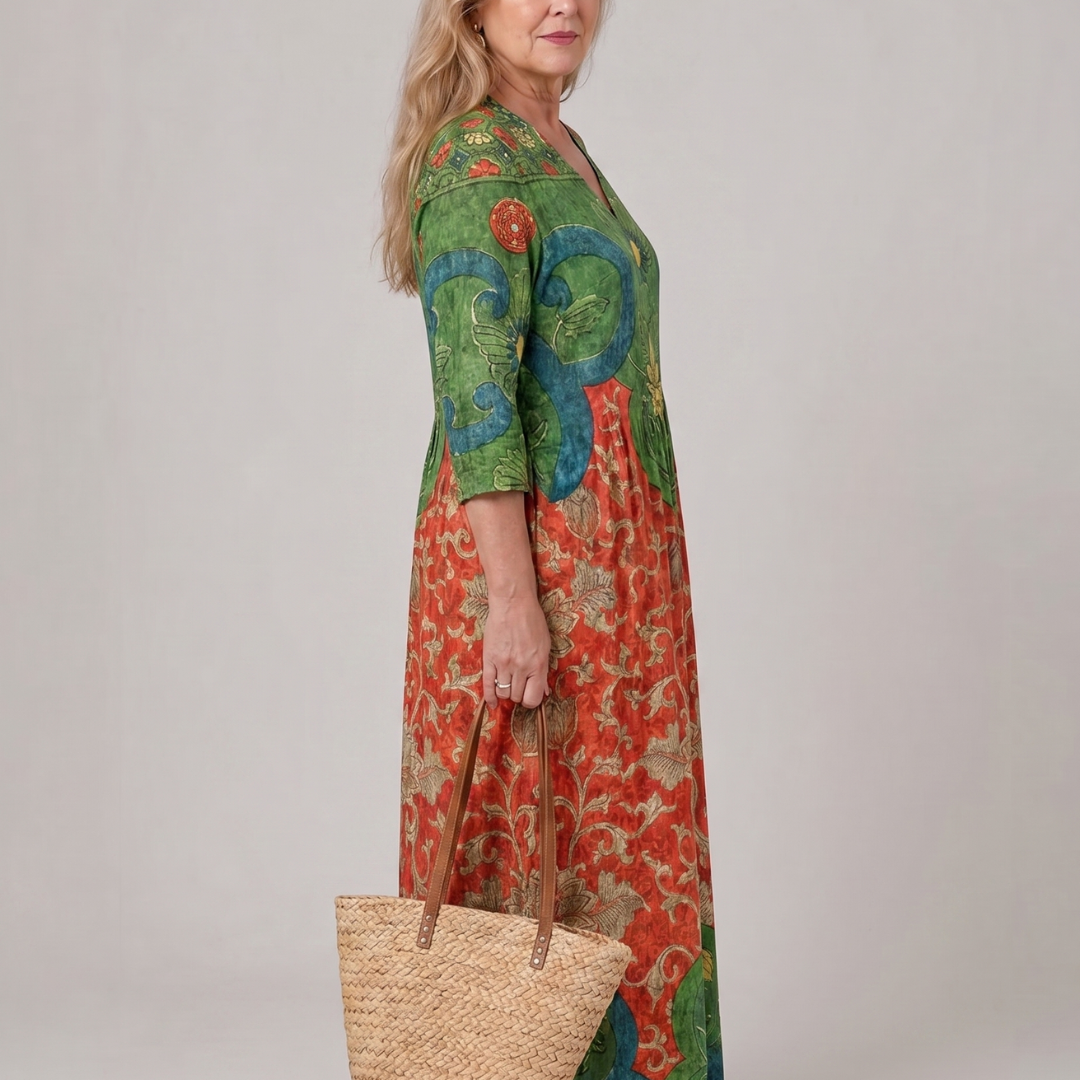 Tesra | Abstract Vintage Print Relaxed Three Quarter Sleeve Midi Dress