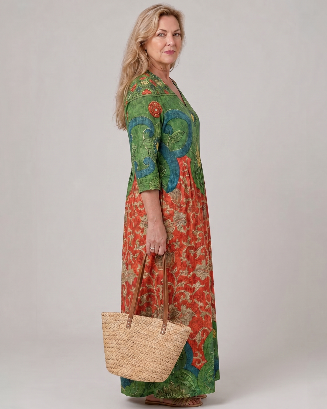Tesra | Abstract Vintage Print Relaxed Three Quarter Sleeve Midi Dress