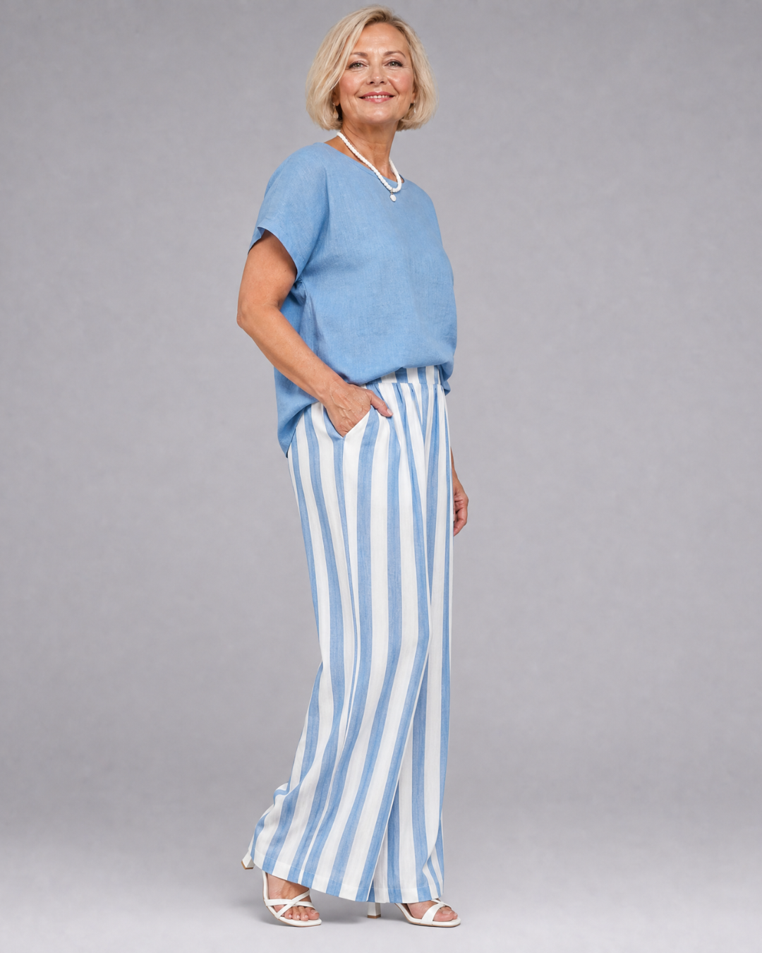 Magdara | Linen Blend Top And Striped Wide Leg Pants Set