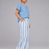 Magdara | Linen Blend Top And Striped Wide Leg Pants Set