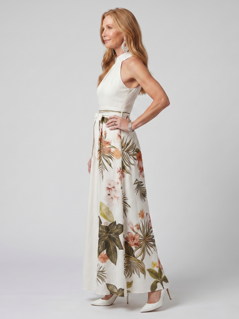 Nilathea | Draped Halter Botanical Panel Maxi Dress