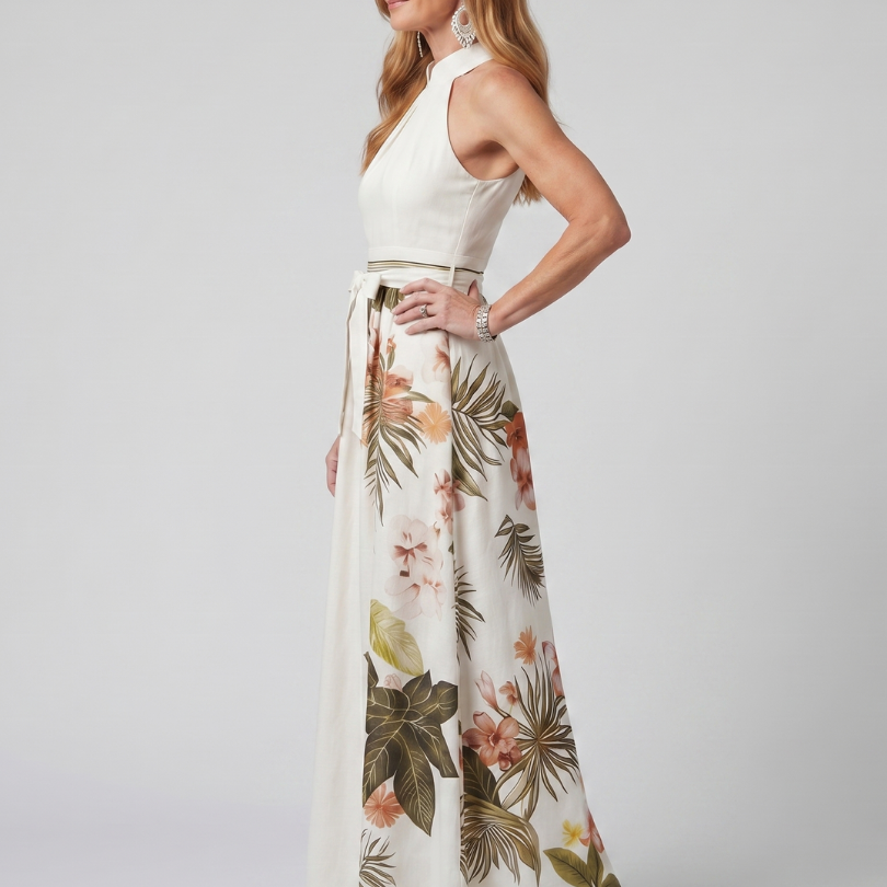 Nilathea | Draped Halter Botanical Panel Maxi Dress
