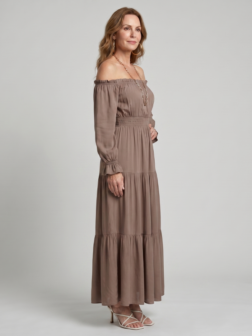 Sennarin | Off Shoulder Side Slit Midi Dress