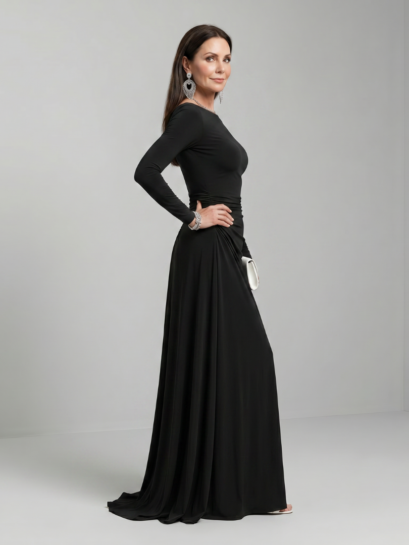 Penine | Long Sleeve Boat Neck Flowing Maxi Dress