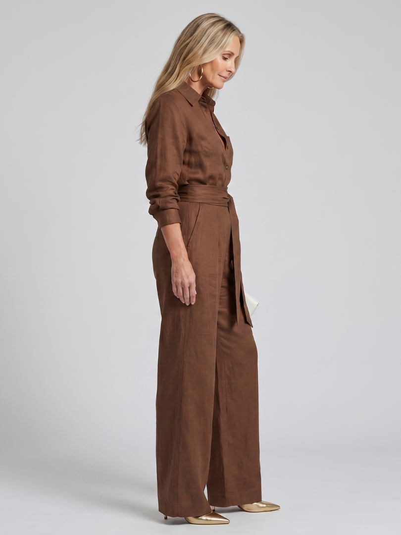 Marenney | Long Sleeve Button Front Wide Leg Jumpsuit