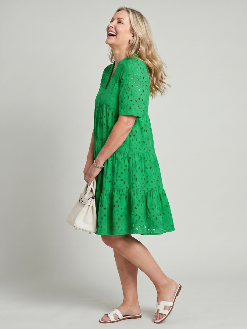 Isarina | Short Sleeve Eyelet Detail Knee Length Dress