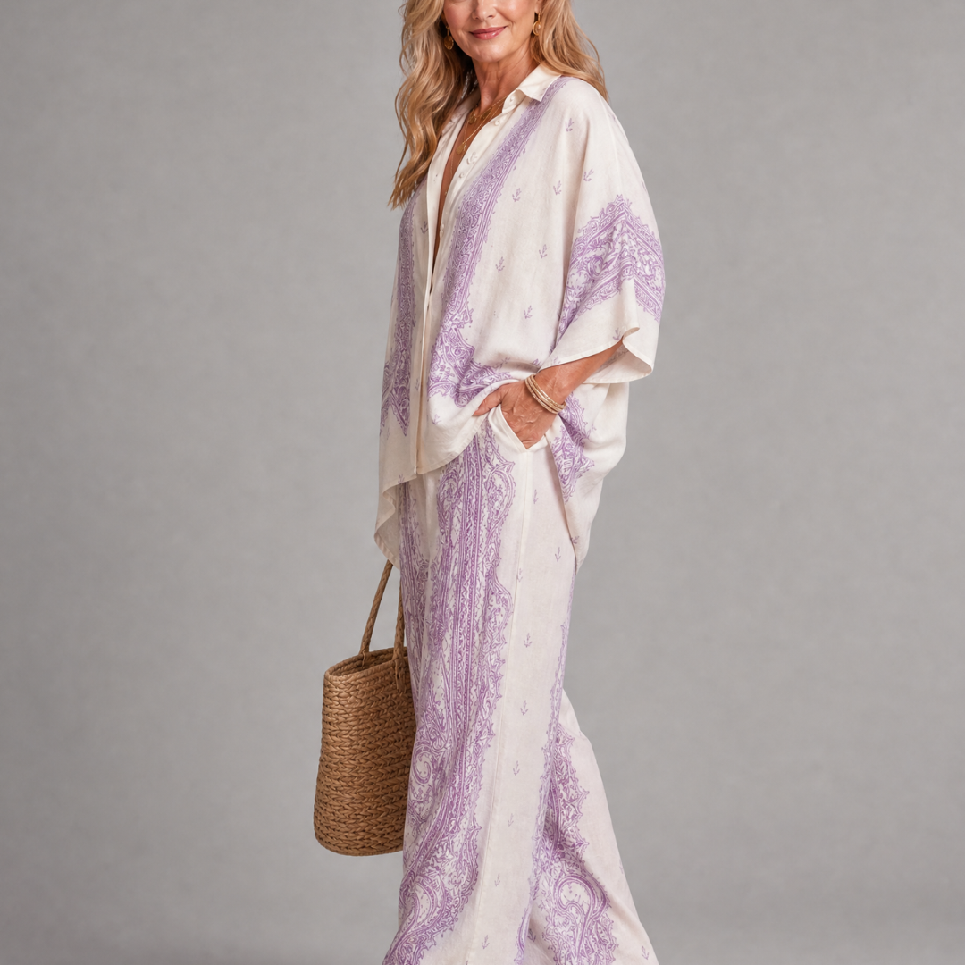 Norrose | Soft Print Oversized Shirt And Wide Leg Pants Set