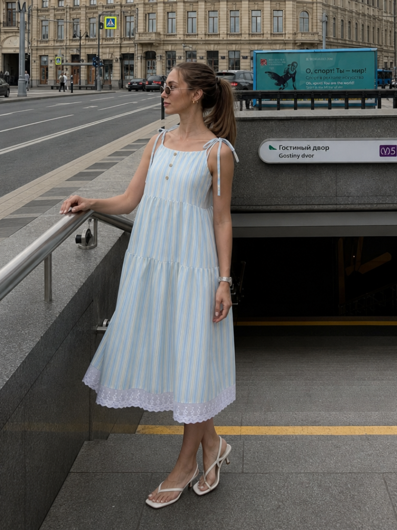 Pruthea | Sleeveless Tie Strap Stripe Pattern Midi Dress