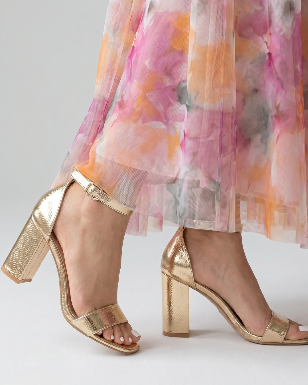 Nevla | Metallic Ankle Strap Block Heel Sandals