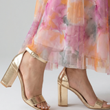 Nevla | Metallic Ankle Strap Block Heel Sandals