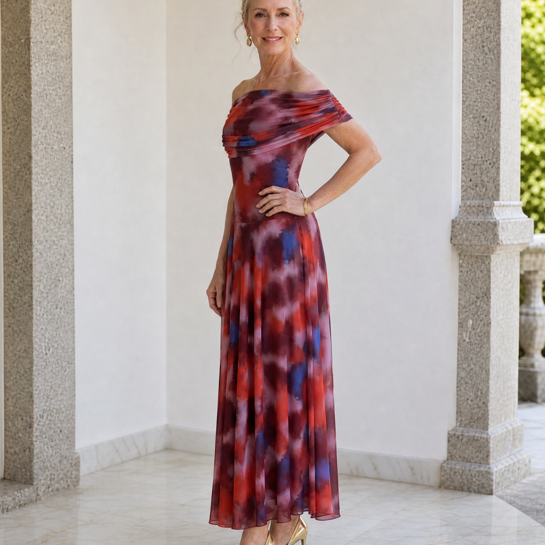 Sennia | Off Shoulder Watercolor Print Flowing Midi Dress