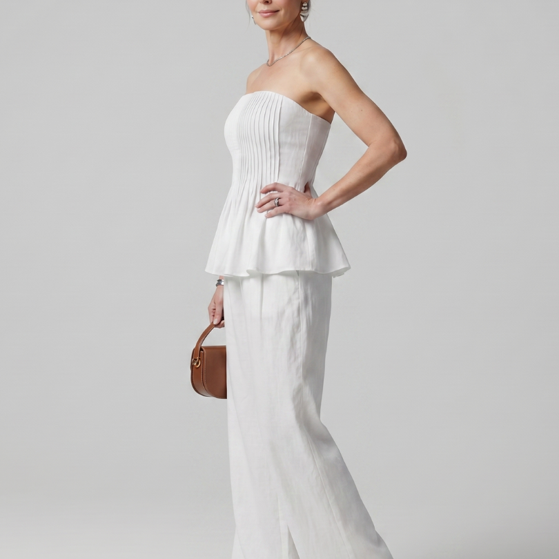 Romyina | Strapless Smocked Top And Wide Leg Pants Set