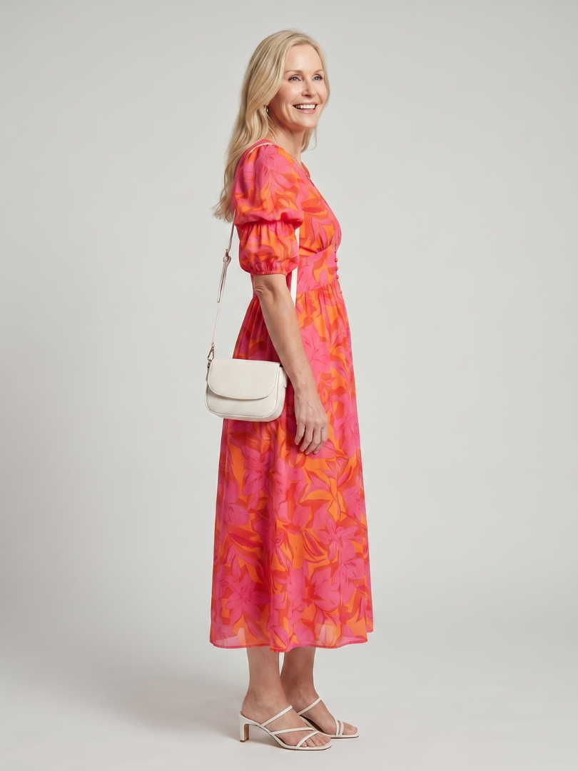 Lunrin | Puff Sleeve V Neck Bold Floral Print Midi Dress