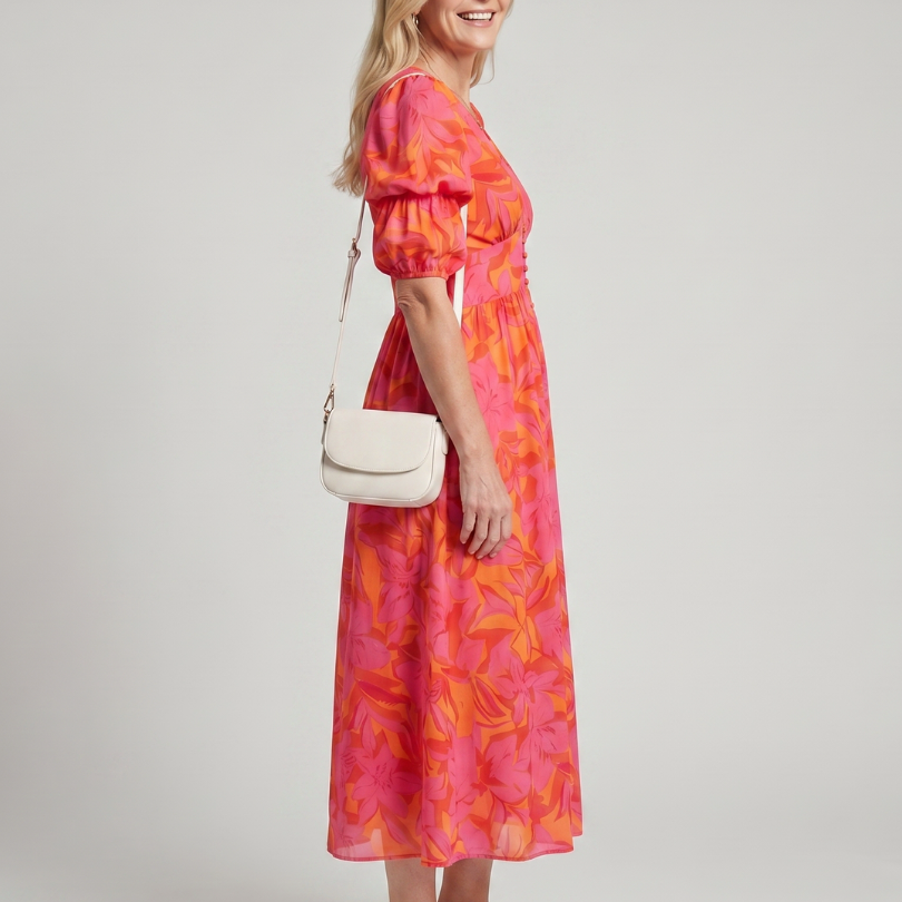 Lunrin | Puff Sleeve V Neck Bold Floral Print Midi Dress