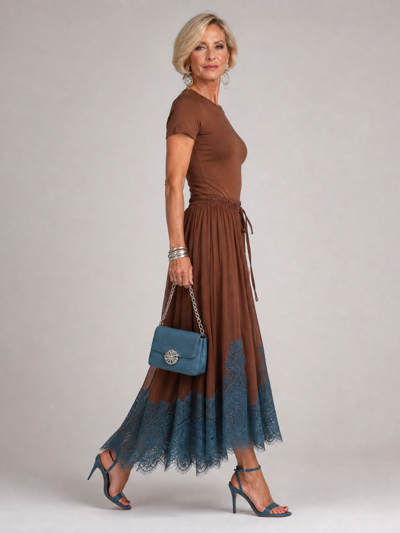 Romibelle | Short Sleeve Lace Hem Midi Dress