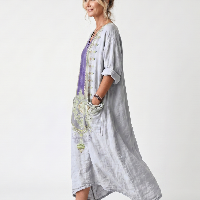 Dorwen | Contrast Panel Embroidered Oversized Pocket Midi Dress