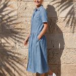 Liabelle | Gathered Waist Collar Front Midi Dress