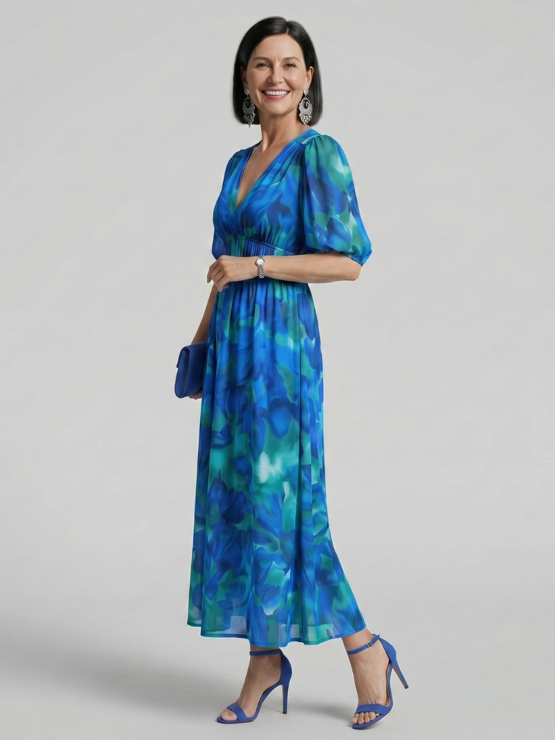 Larette | Puff Sleeve V Neck Abstract Print Midi Dress