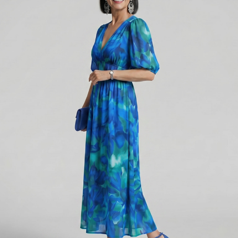 Larette | Puff Sleeve V Neck Abstract Print Midi Dress