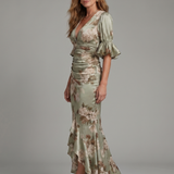 Prussa | Short Sleeve V Neck Ruched Waist Midi Dress
