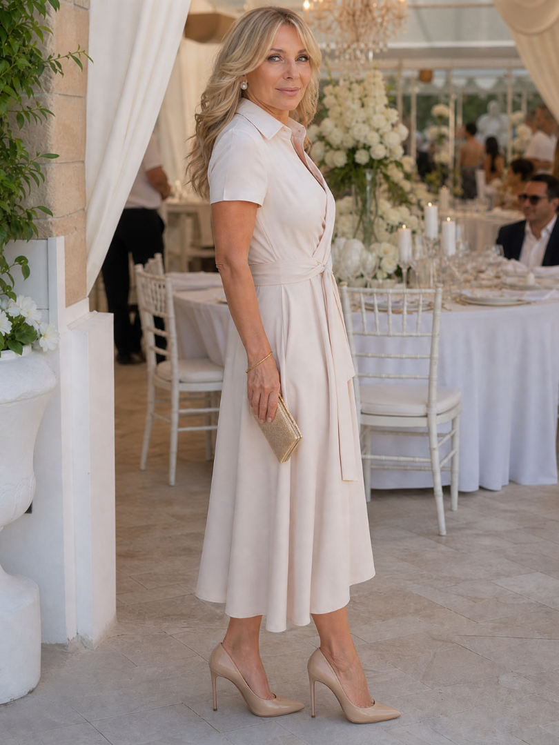 Kalndra | Short Sleeve Collared Wrap Waist Midi Dress