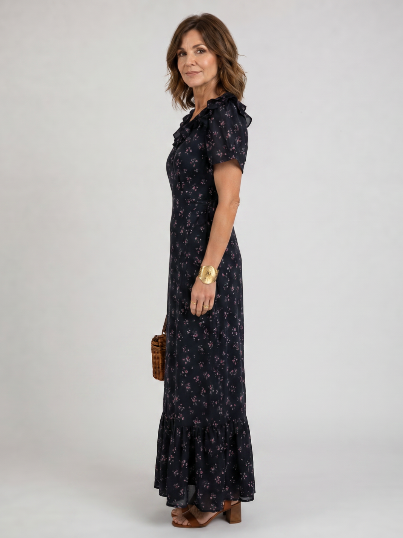 Laessa | Floral Puff Sleeve Ruffle Hem Midi Dress