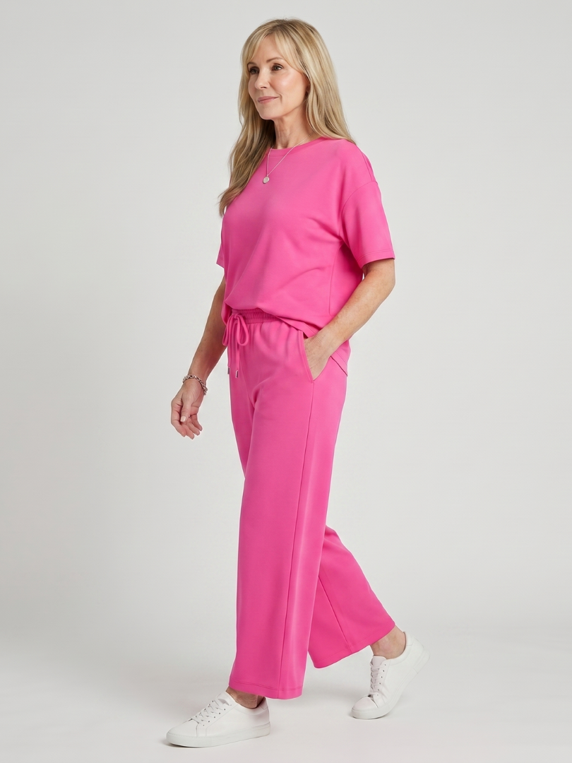 Wilnia | Short Sleeve Drawstring Waist And Straight Leg Pants Set