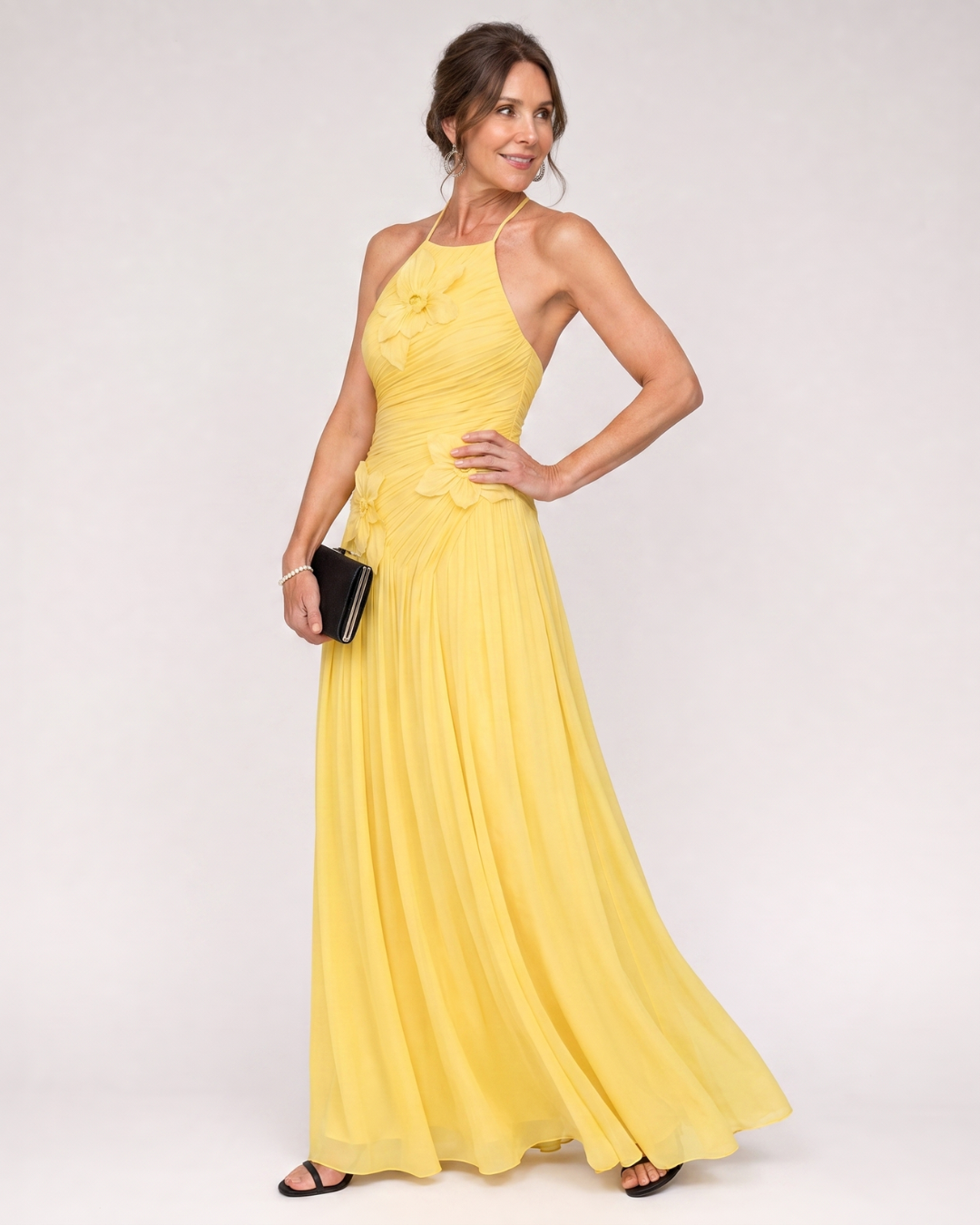 Solna | Pleated Halter Neck Floral Detail Maxi Dress