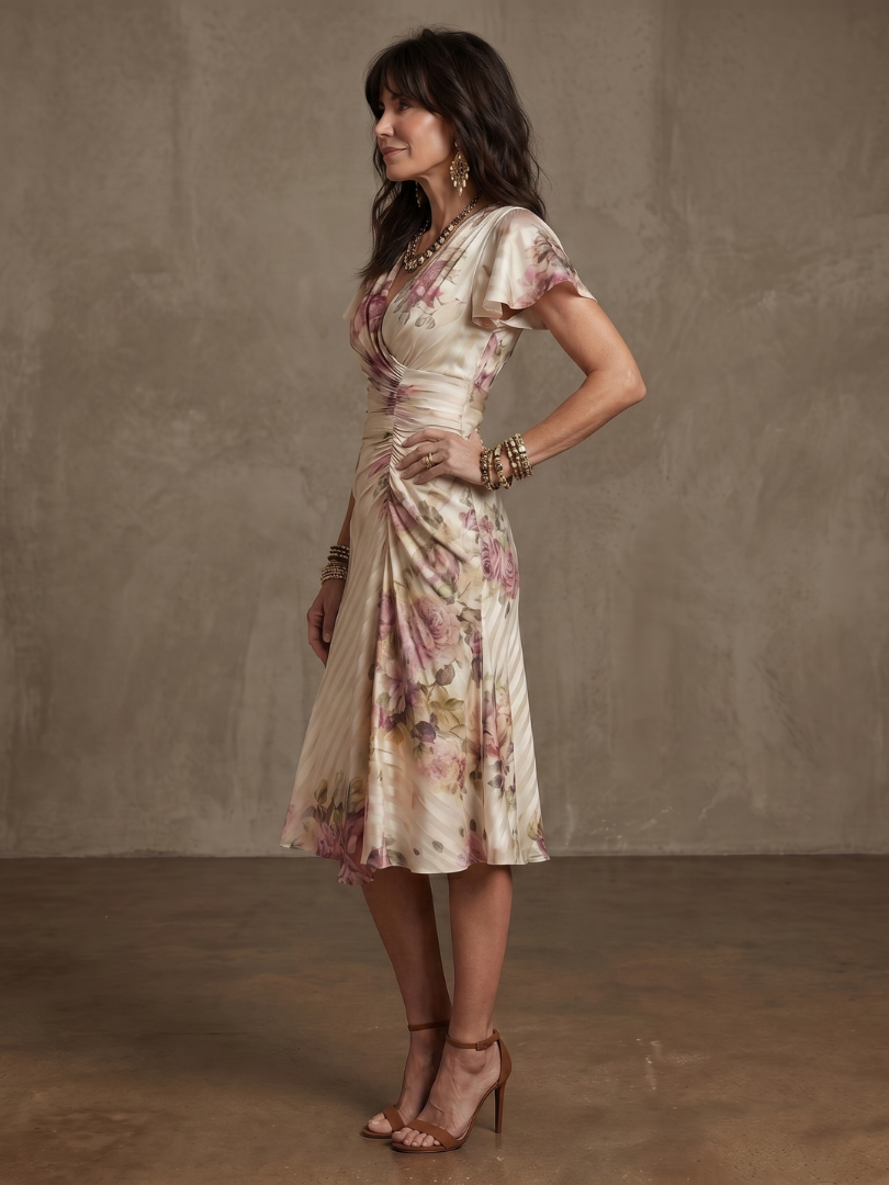Valthea | Floral Wrap Ruched Midi Dress