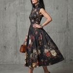 Serania | High Neck Keyhole Floral Pleated Midi Dress