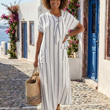 Halthea | Short Sleeve Striped Tie Neck Pocket Midi Dress