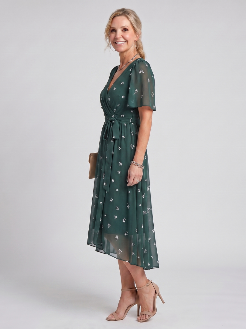 Daldra | Flutter Sleeve Gathered Waist Floral Print Midi Dress