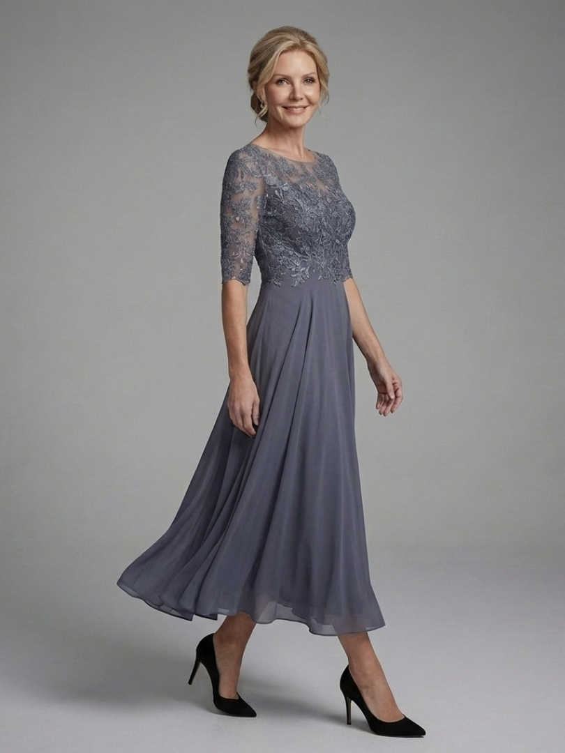 Solda | Lace Bodice Sheer Sleeve Midi Dress