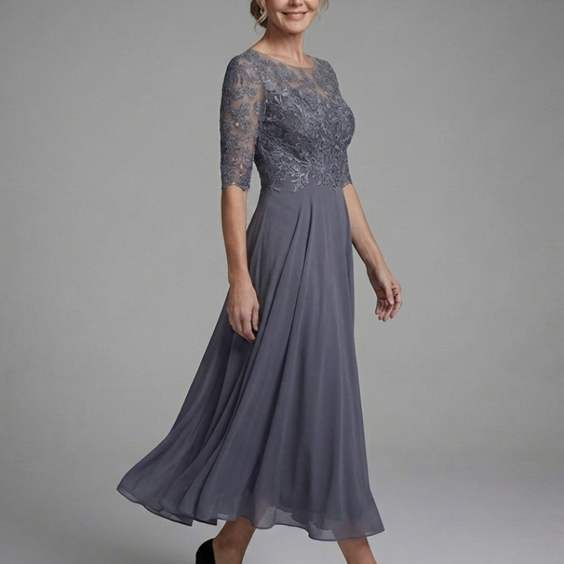 Solda | Lace Bodice Sheer Sleeve Midi Dress