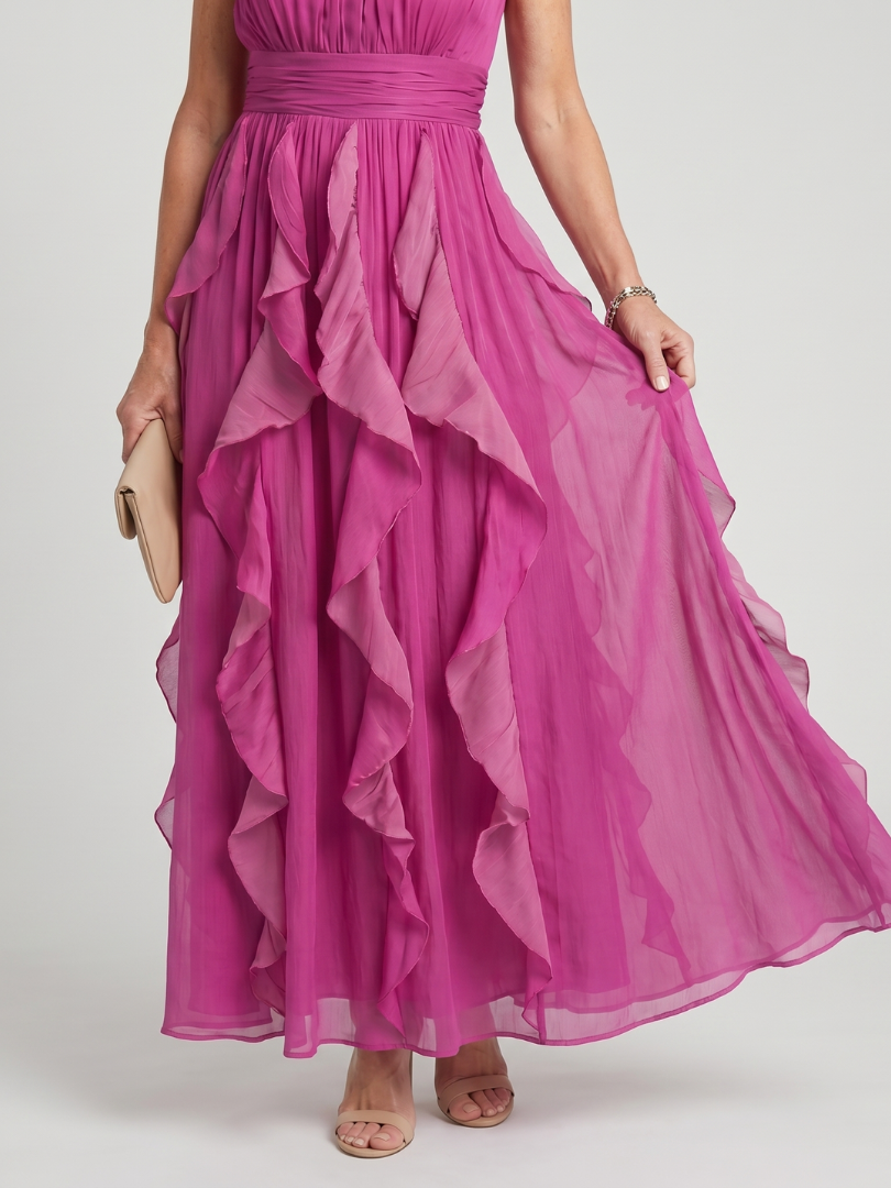 Saffrose | High Neck Gathered Ruffle Layers Maxi Dress