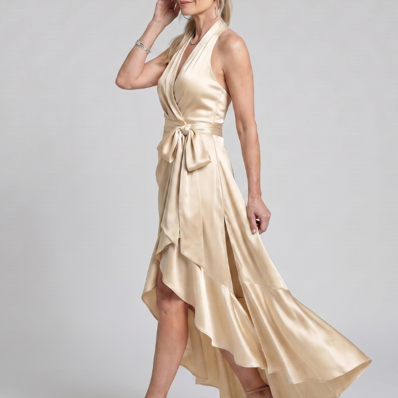 Mirwyn | Halter Neck Wrap Asymmetric Hem Midi Dress
