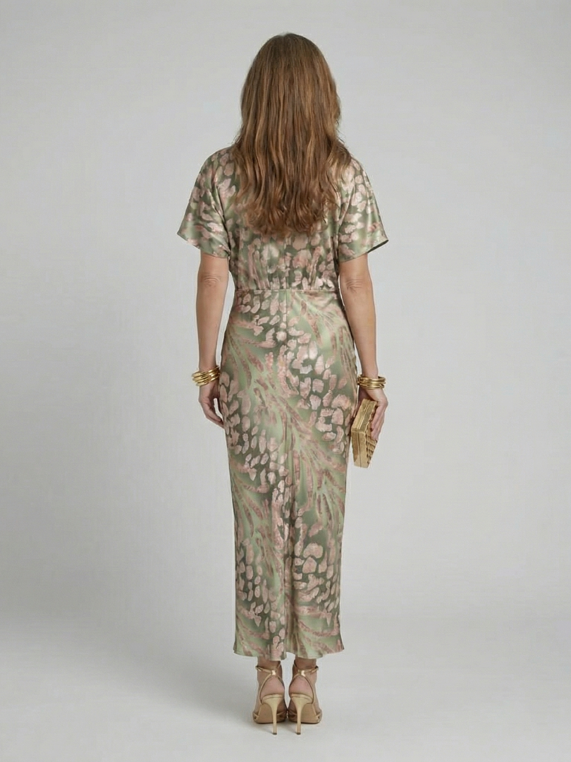 Mirrina | Abstract Print V Neck Twist Waist Midi Dress
