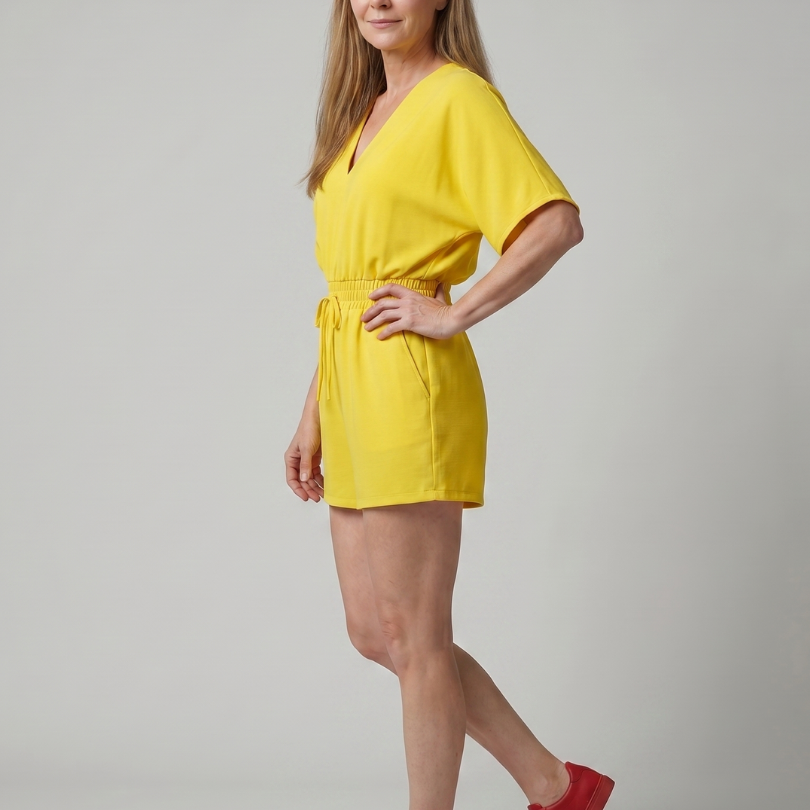 Renrose | V Neck Cold Shoulder Short Sleeve Romper