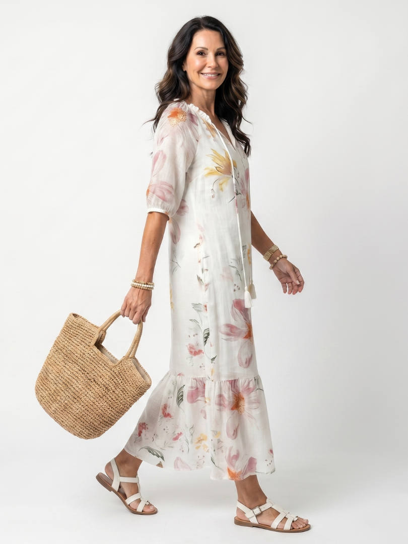 Pennia | Soft Floral Tiered Tassel Midi Dress