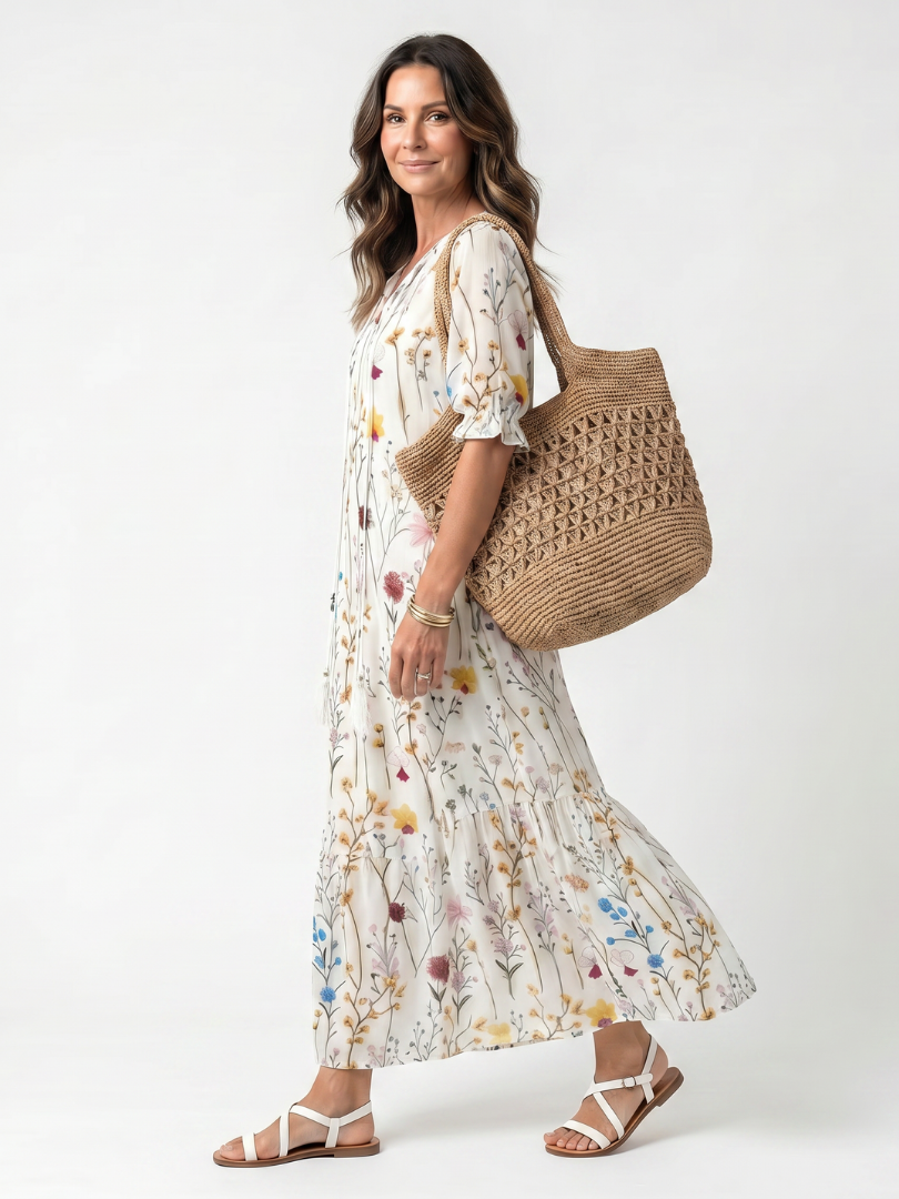 Magdamae | Botanical Print Tassel Tie Midi Dress