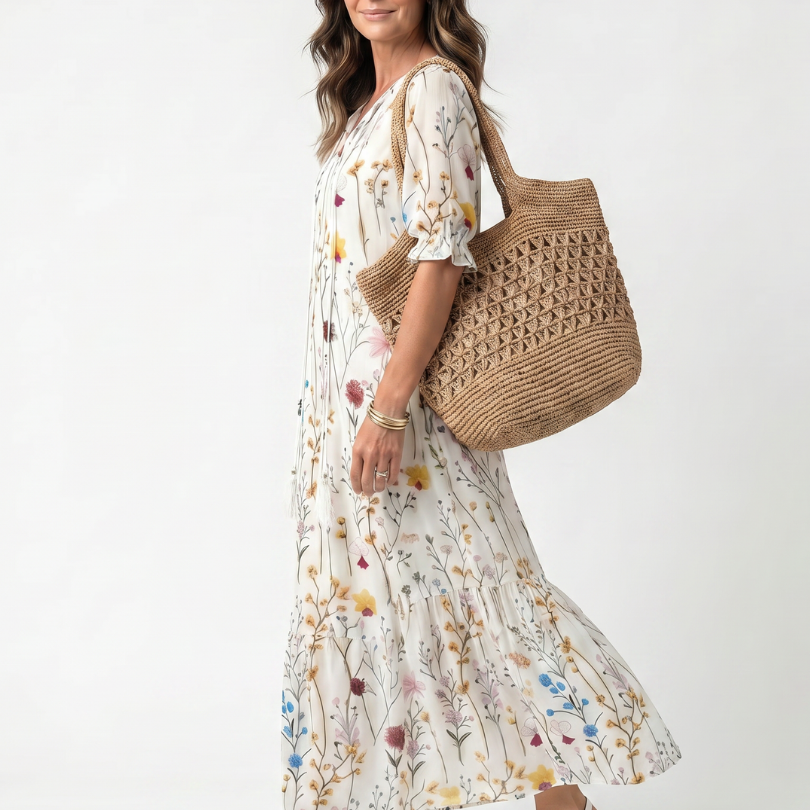 Magdamae | Botanical Print Tassel Tie Midi Dress