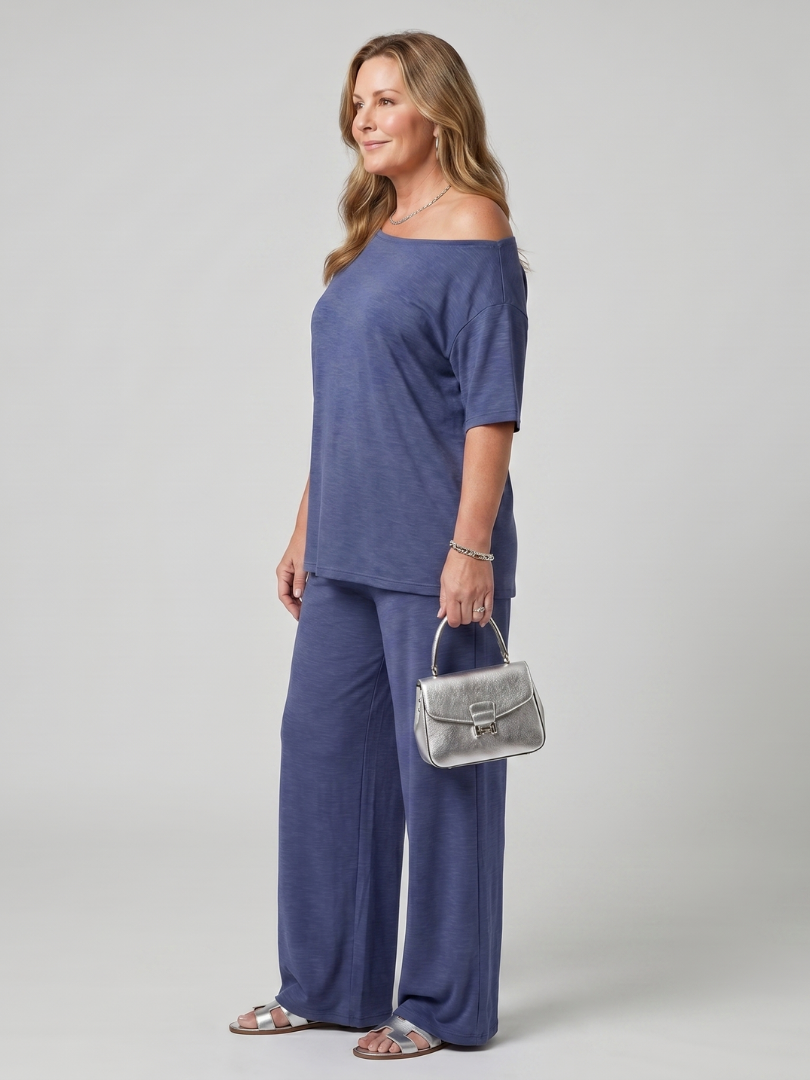 Elomae | Short Sleeve Off Shoulder Top And Wide Leg Pants Set