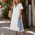 Callabeth | Tiered V Neck Relaxed Short Sleeve Midi Dress
